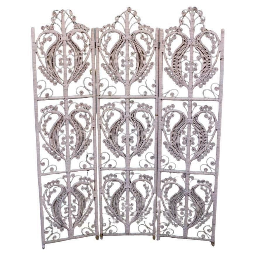 Separè Screen In Hand Woven Bamboo Italian 1960 Pink