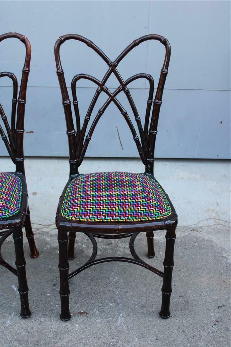 Set Of Wooden Chairs Carved In Bamboo Fabric Missoni Italia 1960s photo for sale