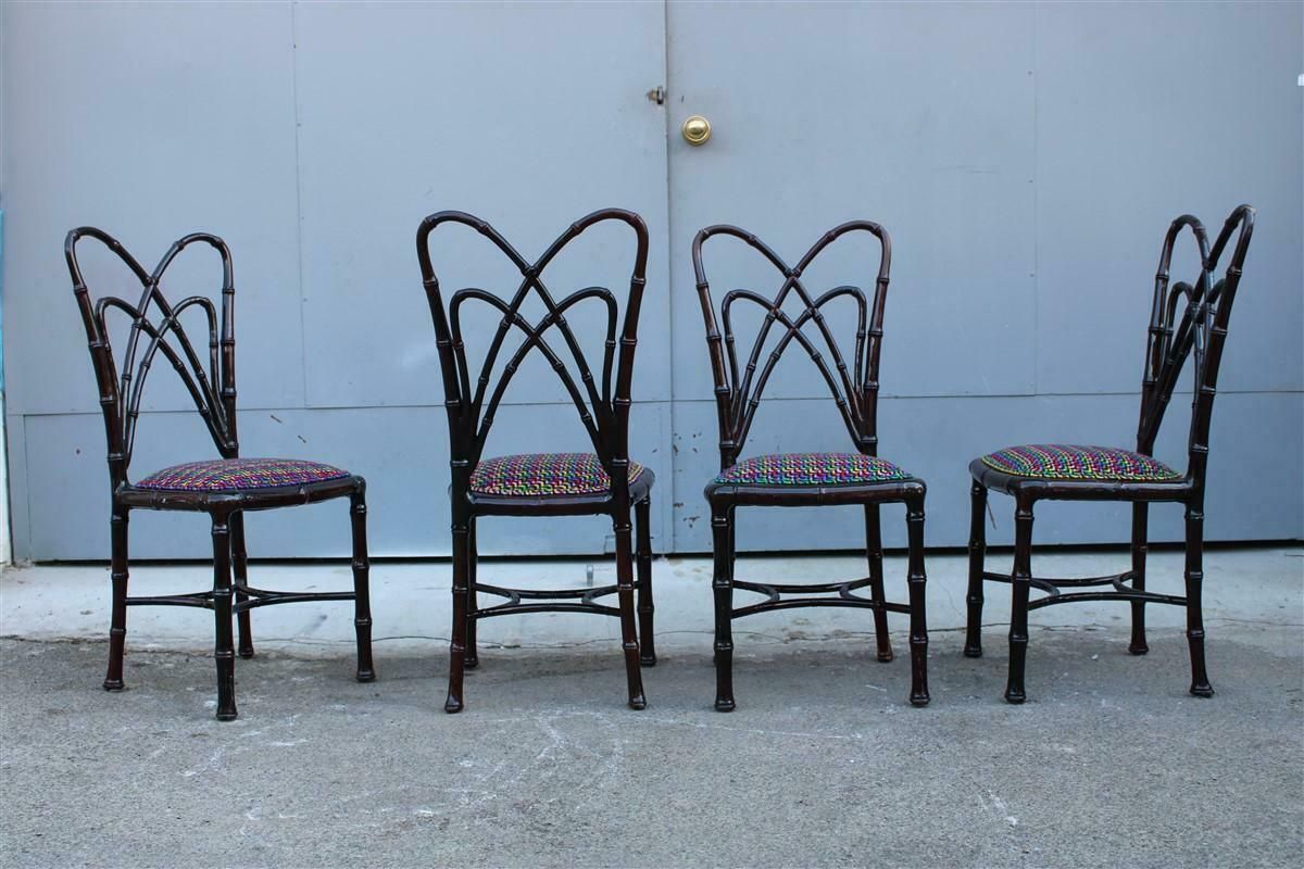 Set Of Wooden Chairs Carved In Bamboo Fabric Missoni Italia 1960s photo buy