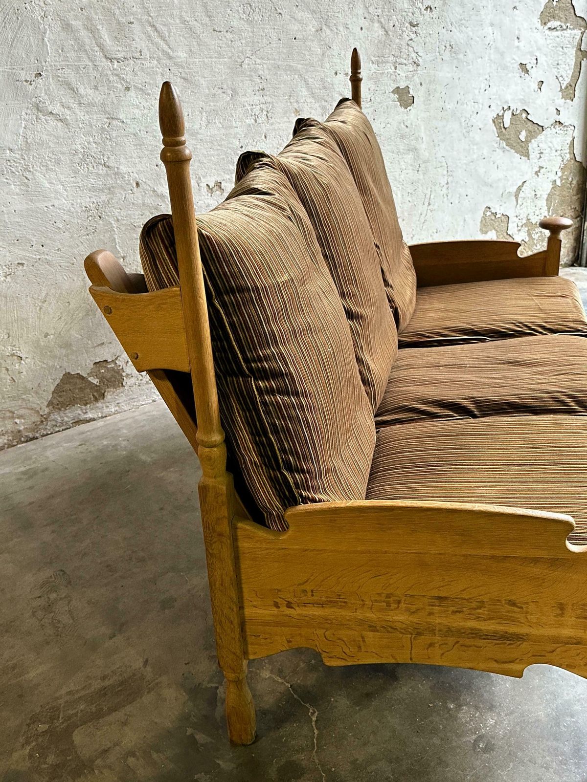 photo furniture 1950s Guillerme Et Chambron Inspired Brutalist Oak And Velvet Throne Like Sofa   Brutalist 3 Seater   Oak Brutalist Sofa