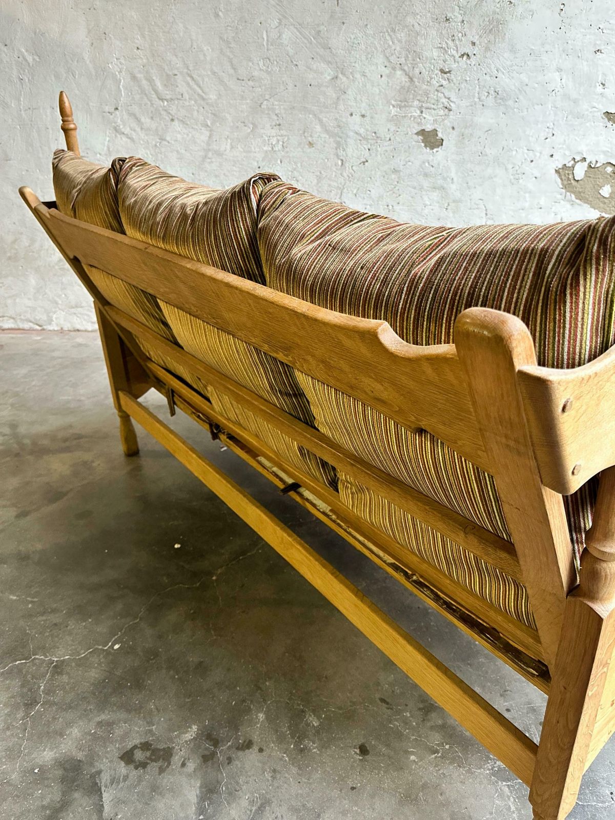 photo for sale 1950s Guillerme Et Chambron Inspired Brutalist Oak And Velvet Throne Like Sofa   Brutalist 3 Seater   Oak Brutalist Sofa
