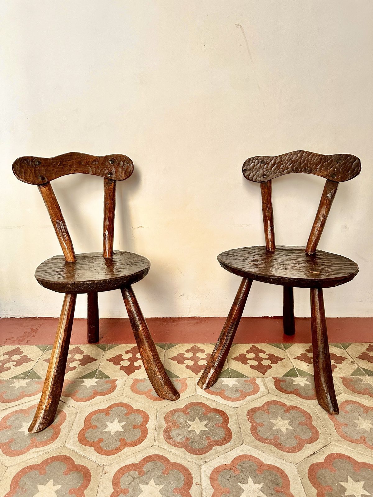 Pair Of 1950s French Primitive Brutalist Milking Stools photo furniture