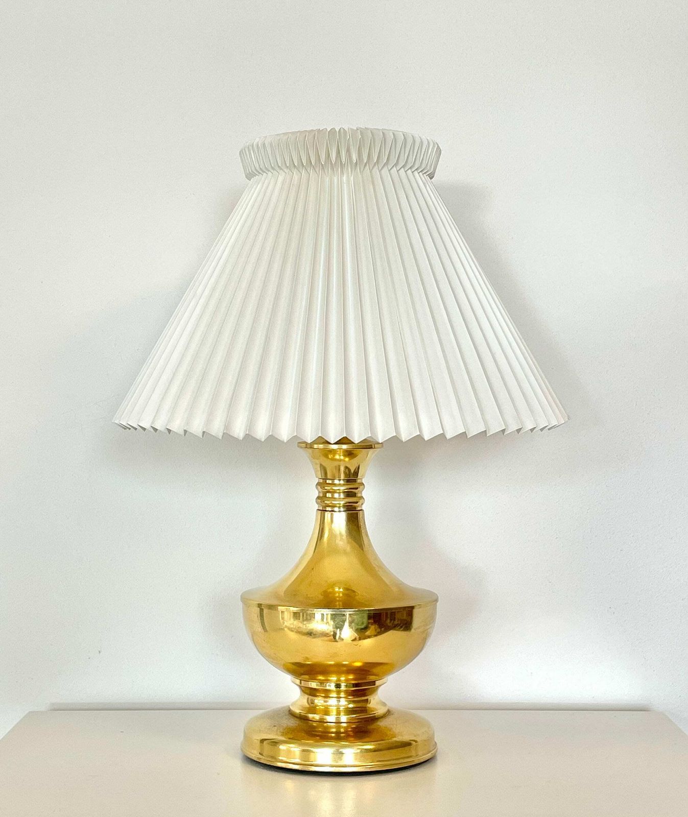 Vintage Danish Mid Century Large Brass “Ms Belysning” Design Table Lamp In Bold Shapes With Original Le Klint White Pleated Shade photo 307.0