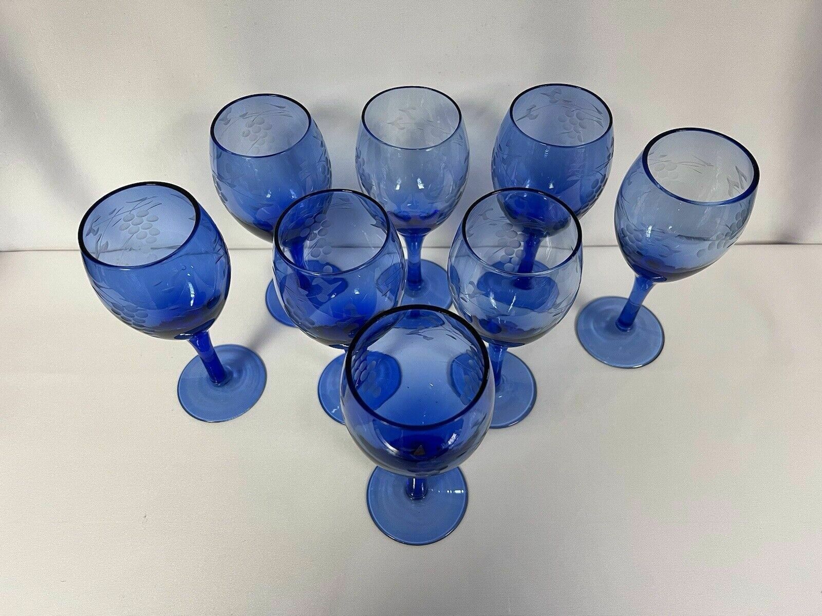 Set Of 8 Vintage Blue Handblown Etched Small Wine Glasses Cocktail Bar photo furniture