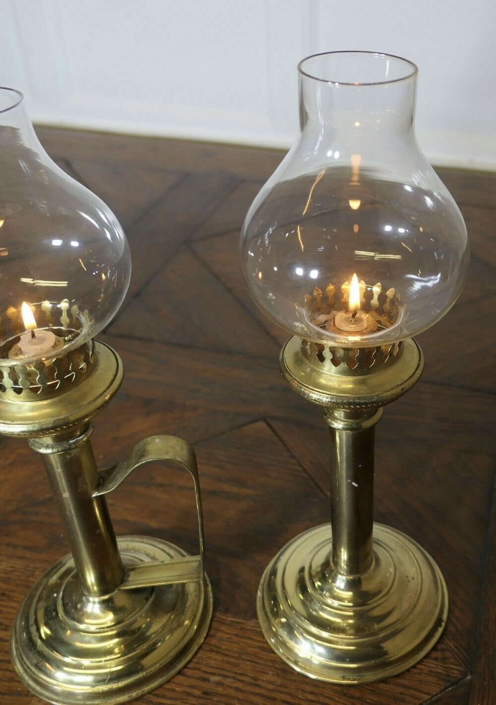 Pair Of Brass Candlesticks With Glass Chimneys photo for sale