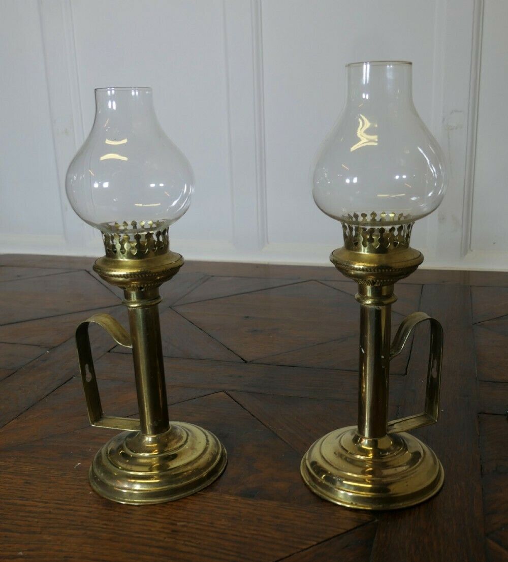 Pair Of Brass Candlesticks With Glass Chimneys photo vinterior