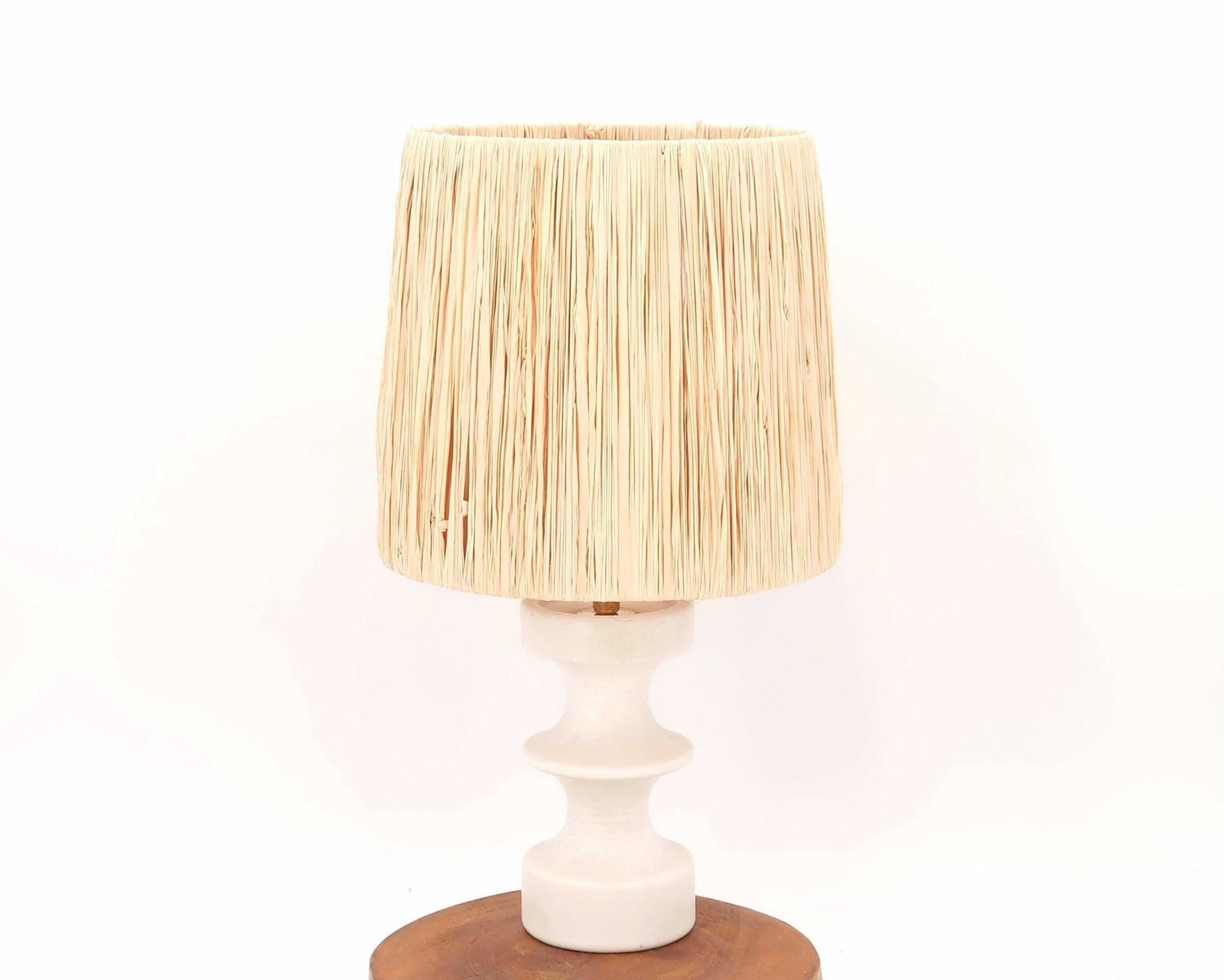 Column White Ceramic Table Lamp By Cari Zalloni For Steuler Germany, Raffia Shade, 1970s / Mid Century Modern, Minimalist, Lighting