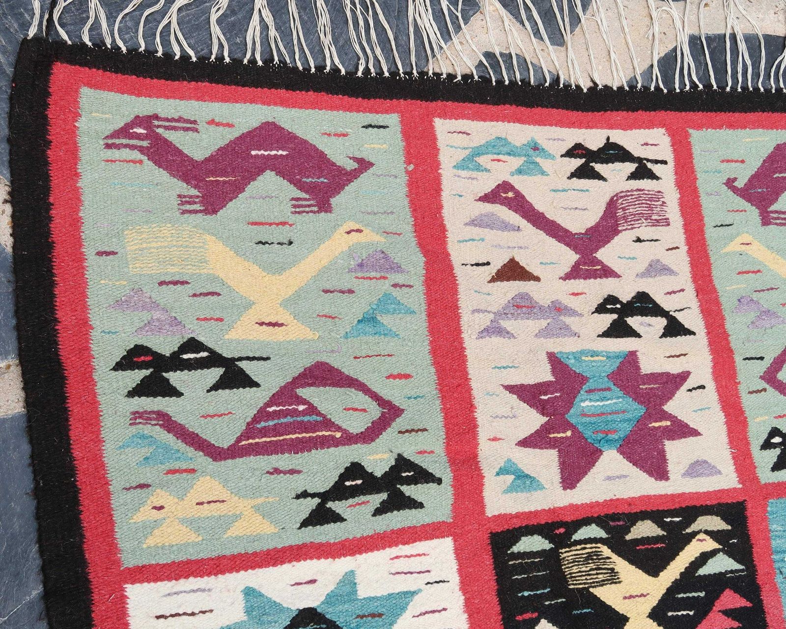 Vintage Colorful Wool Carpet, South America, 1970s / Textile, Aztec, Folk, Rug, Modern, Mexico, Incas, Maya, Stylized Animal photo for sale