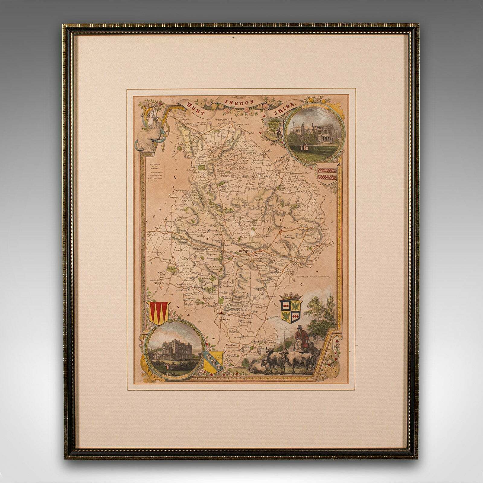 Antique Lithography Map, Huntingdonshire, English, Framed Cartography, Victorian photo furniture