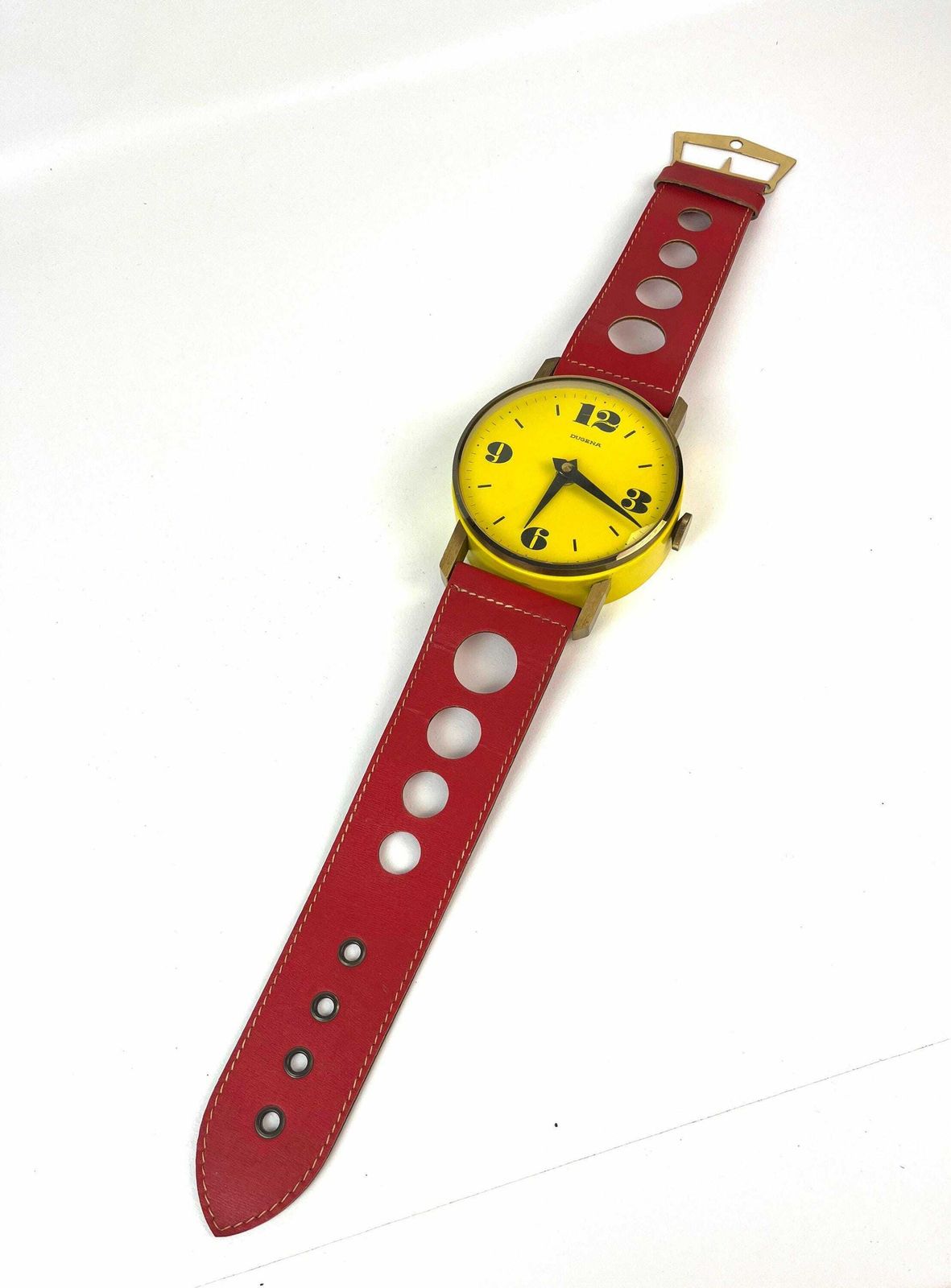 Rare Mid Century Xl Yellow Red 70s Pop Art Wall Clock In Wrist Watch Shape By Dugena photo furniture