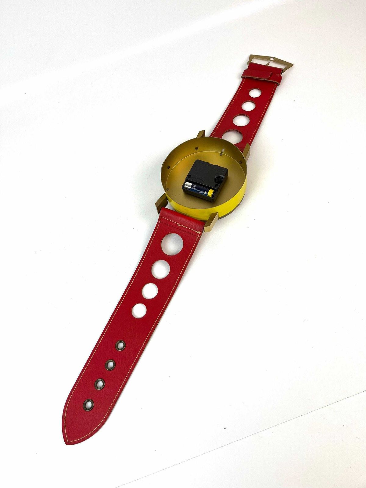 Rare Mid Century Xl Yellow Red 70s Pop Art Wall Clock In Wrist Watch Shape By Dugena photo vinterior