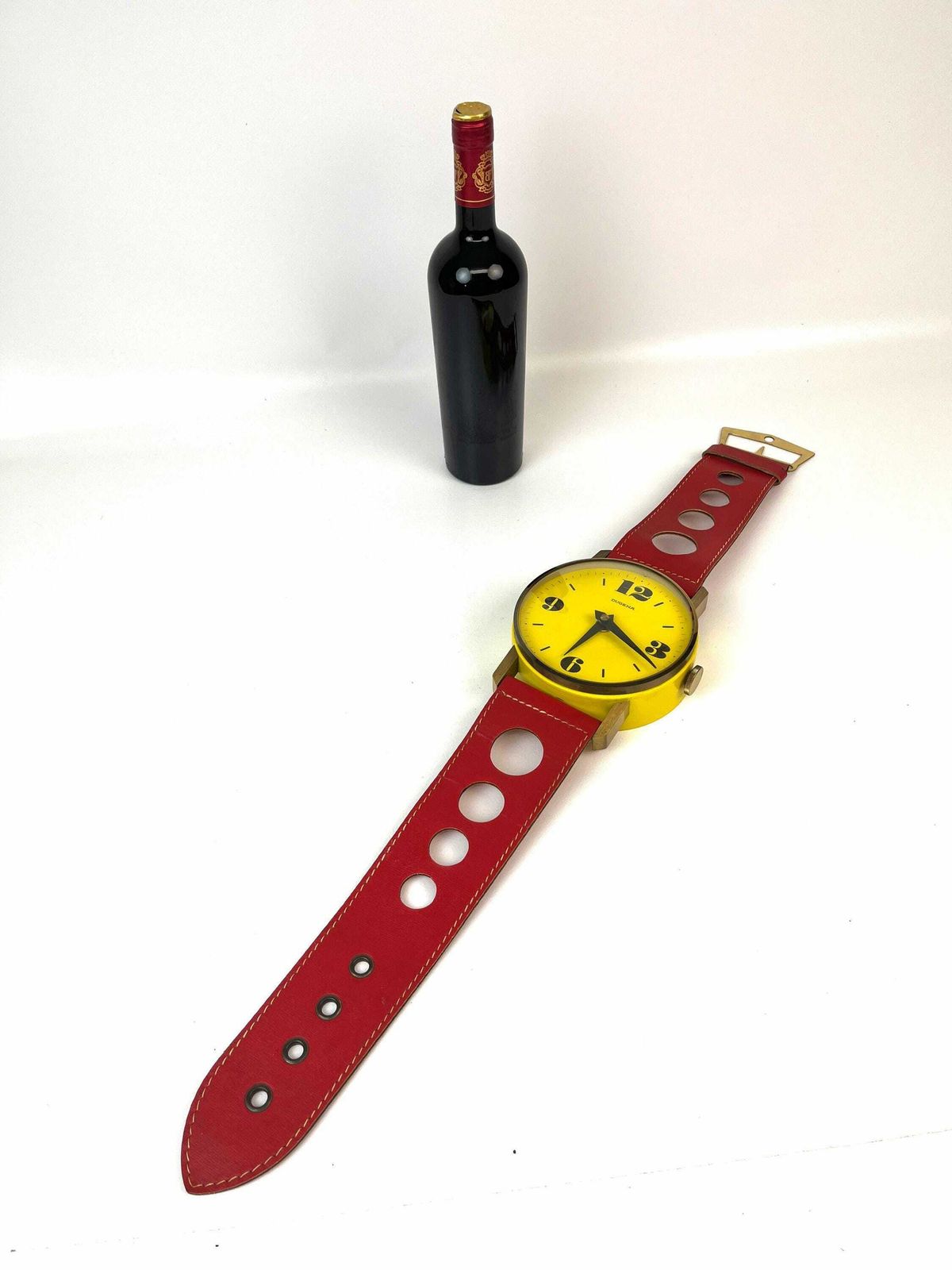 Rare Mid Century Xl Yellow Red 70s Pop Art Wall Clock In Wrist Watch Shape By Dugena photo vintage