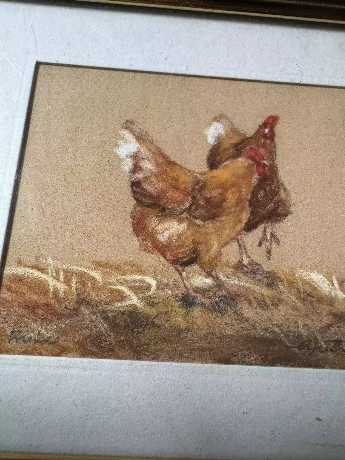Original Pastel Drawing By Lynette Singers Chickens Countryside Cottage Art photo for sale
