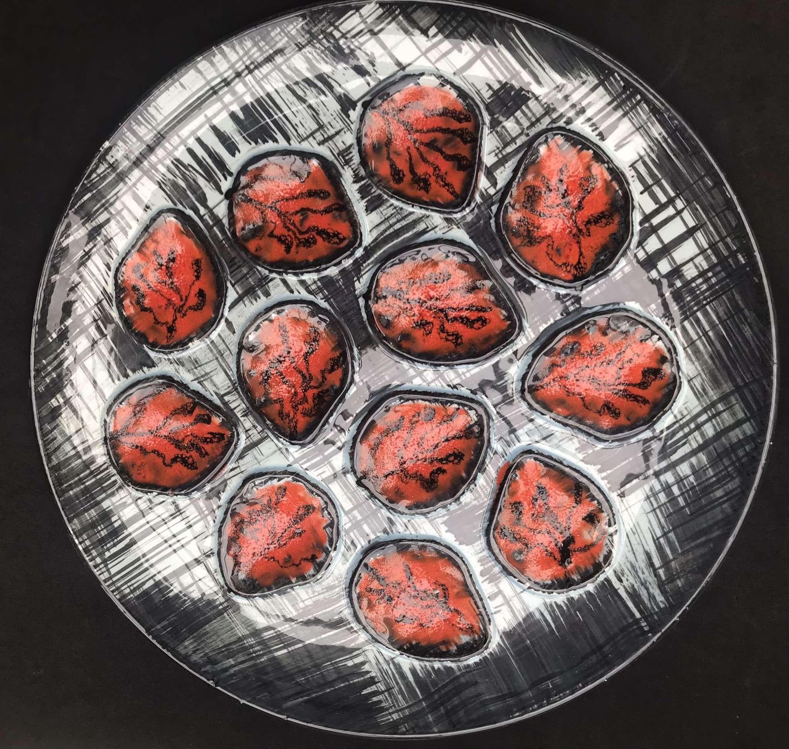 Large Oyster Plate Master Plate Pornic French Red Black Decor Hand Painted Faience Kitchen Decor Coastal Beach Side Gift Collector Kitchen photo vinterior