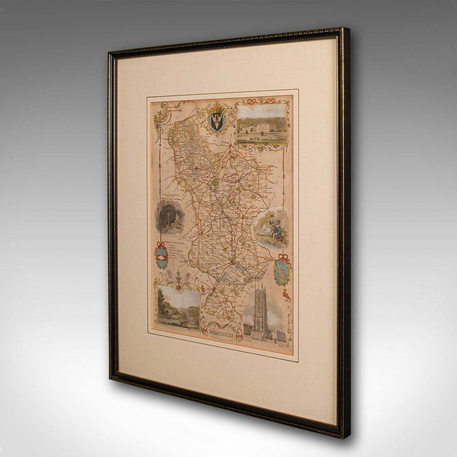 Antique Lithography Map, Derbyshire, English, Framed Cartography, Victorian photo for sale