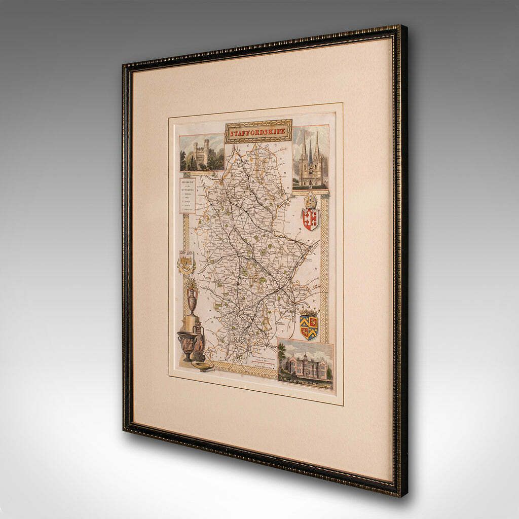 Antique County Map, Staffordshire, English, Framed Litho, Cartography, Victorian photo for sale