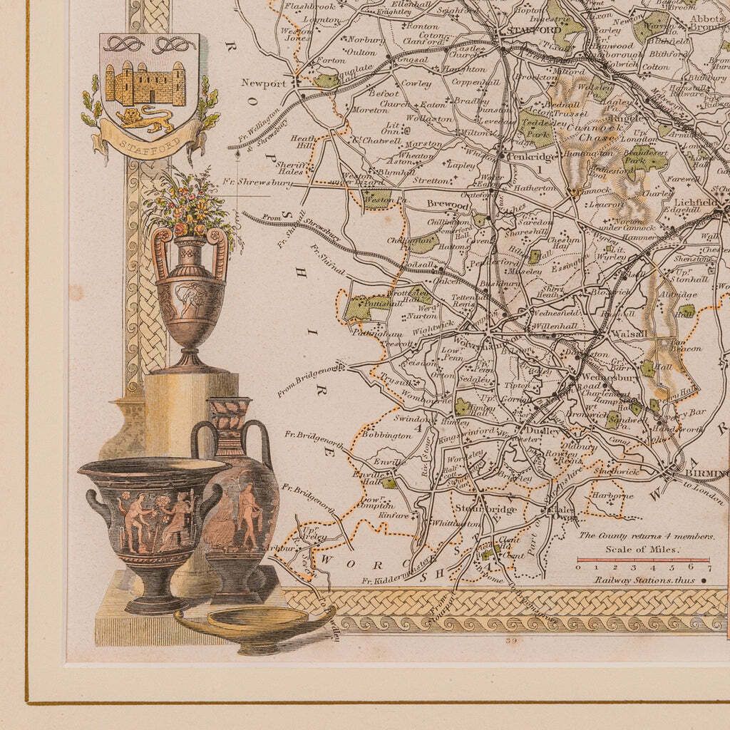 Antique County Map, Staffordshire, English, Framed Litho, Cartography, Victorian photo vintage