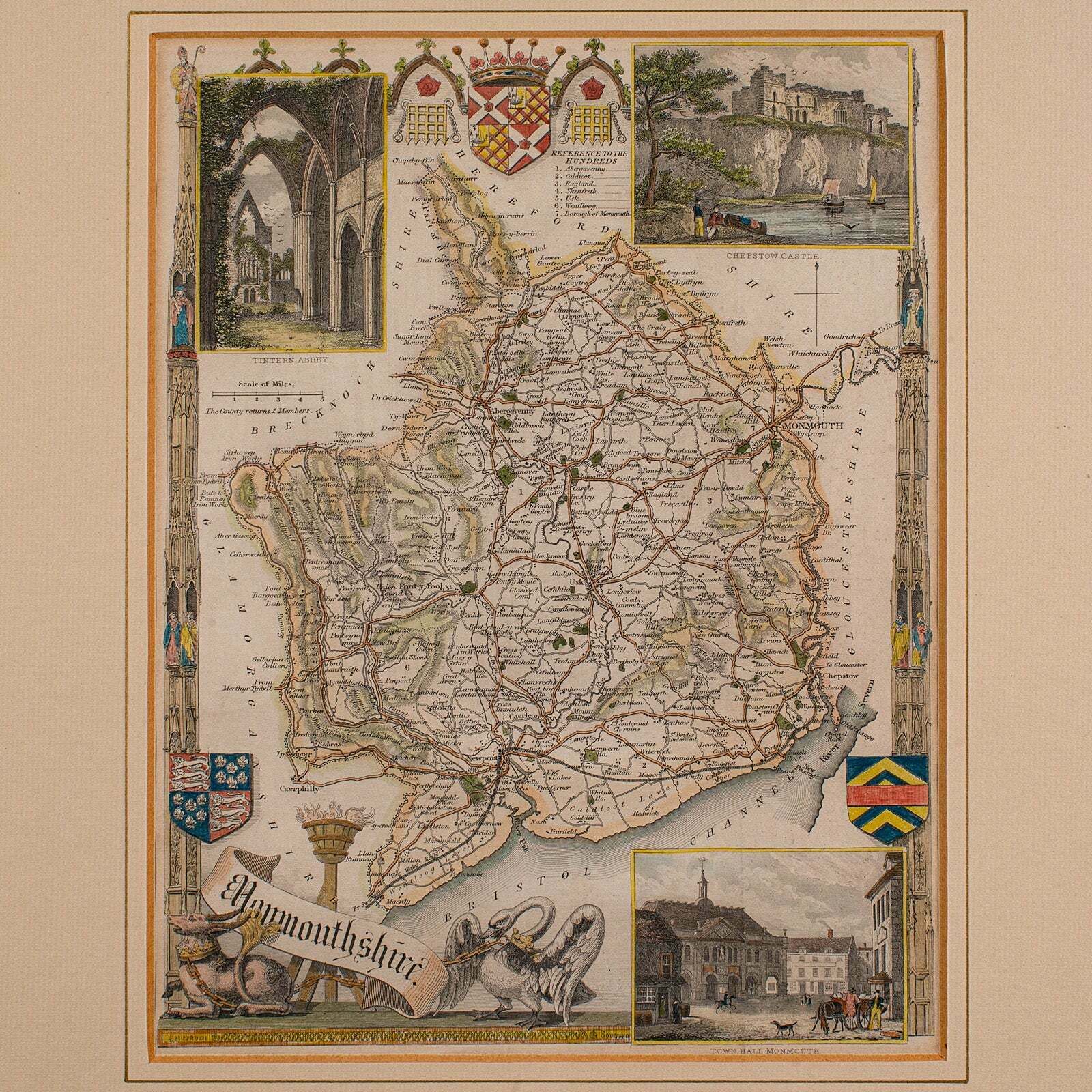 Antique Lithography Map, Monmouthshire, Framed, Welsh Cartography, Victorian photo Art