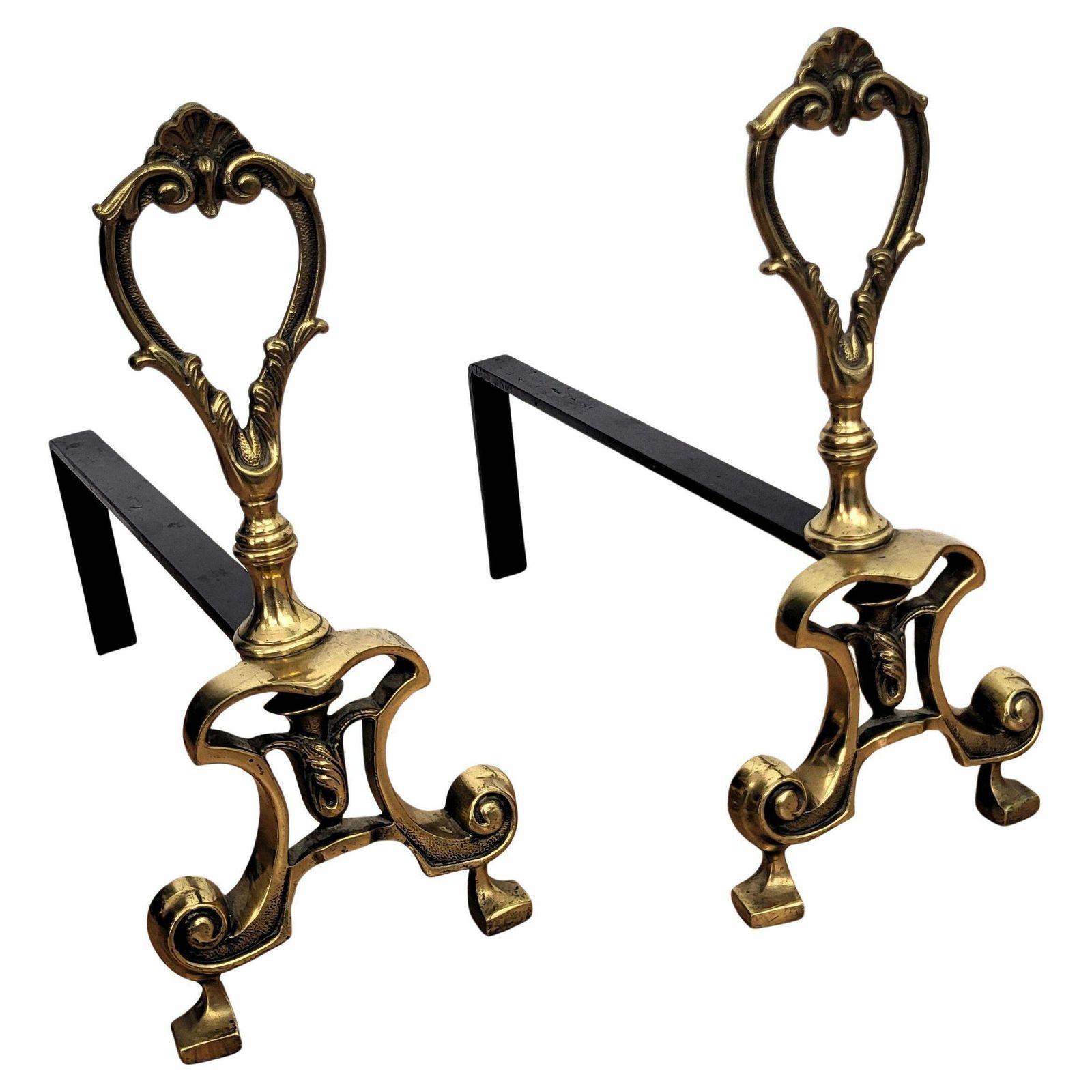Italian Brass And Wrought Iron Pair Of Andirons Log Holder