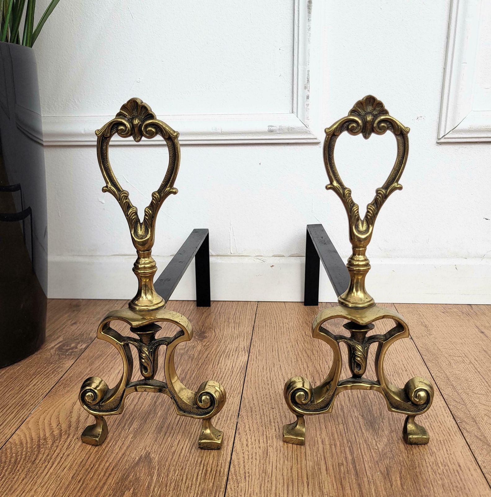Italian Brass And Wrought Iron Pair Of Andirons Log Holder photo furniture