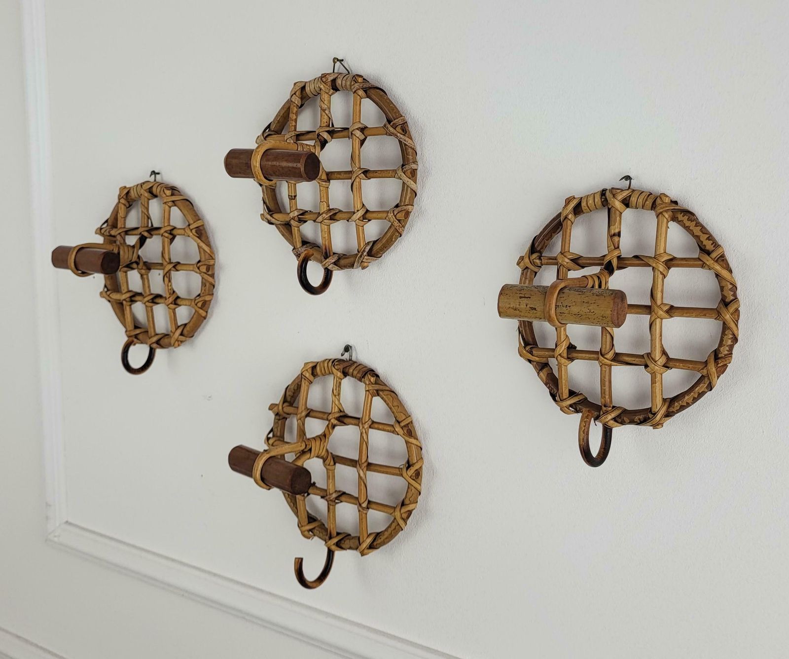 Set Of 4 1960s Italian Bamboo Rattan Bohemian French Riviera Wall Coat Hangers photo for sale