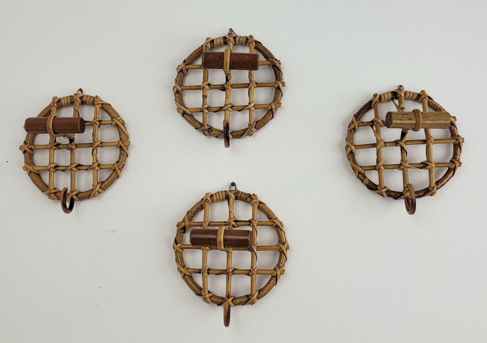 Set Of 4 1960s Italian Bamboo Rattan Bohemian French Riviera Wall Coat Hangers photo vintage