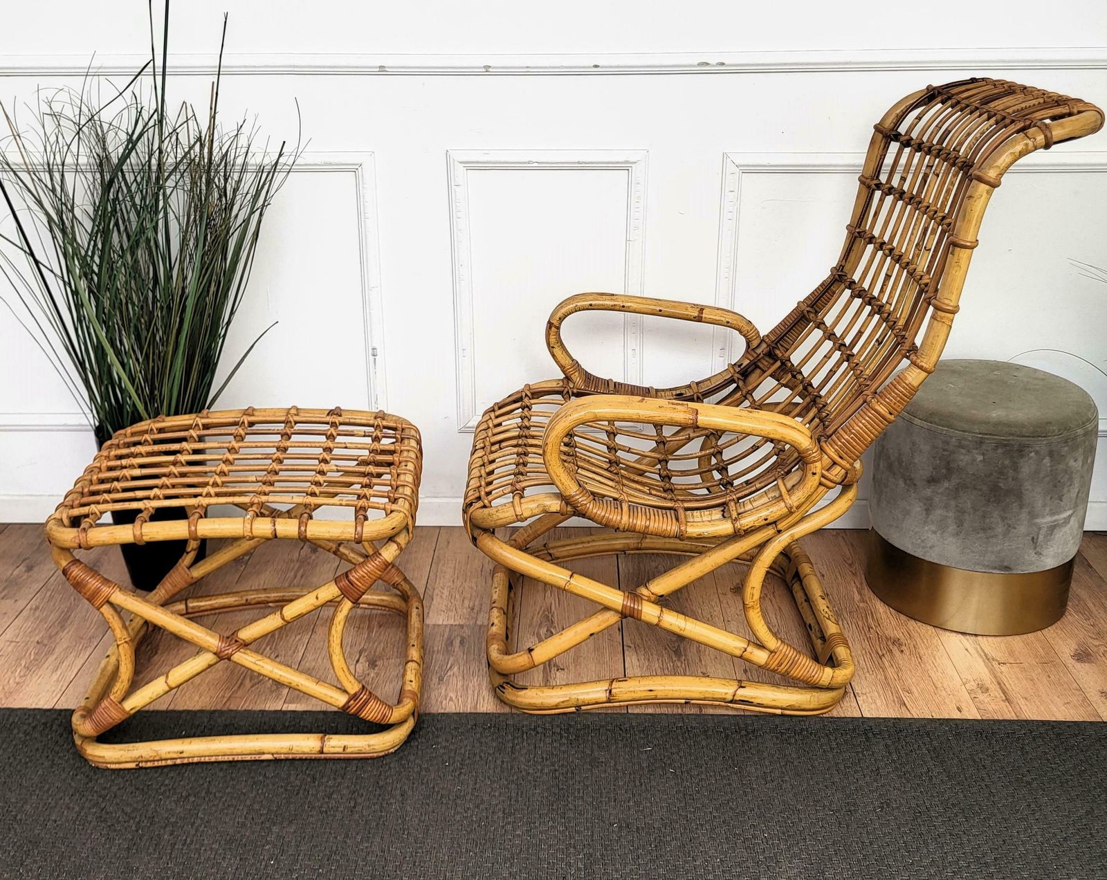 1960s, Italian Bamboo Rattan Bohemian French Riviera Lounge Chair Ottoman photo 1550.0