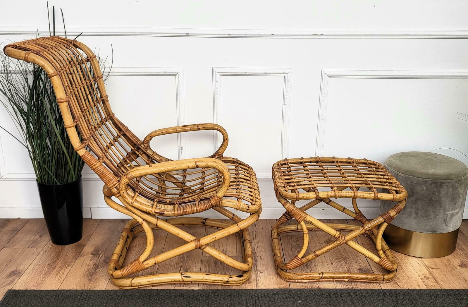 1960s, Italian Bamboo Rattan Bohemian French Riviera Lounge Chair Ottoman photo vinterior