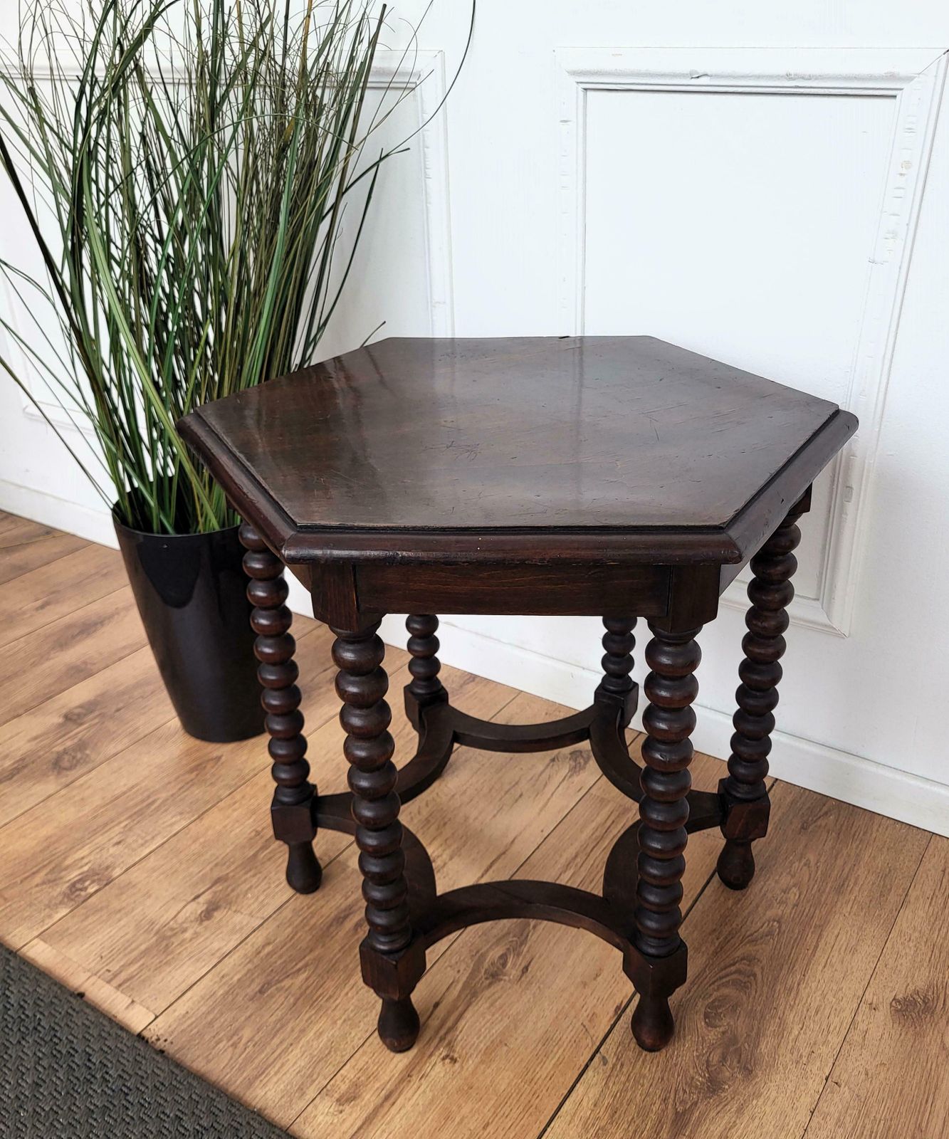Antique Italian Hexagonal Black Walnut Side Table Stool With Bobbin Turned Legs photo 1076.0