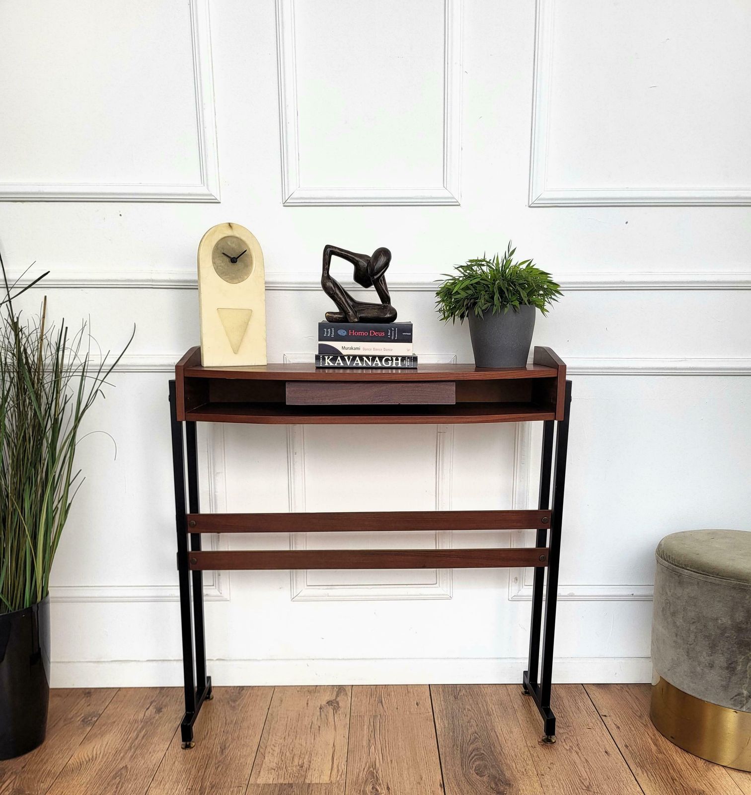 50s Mid Century Modern Italian Metal Base Brass Feet Teak Wood Console Table photo furniture