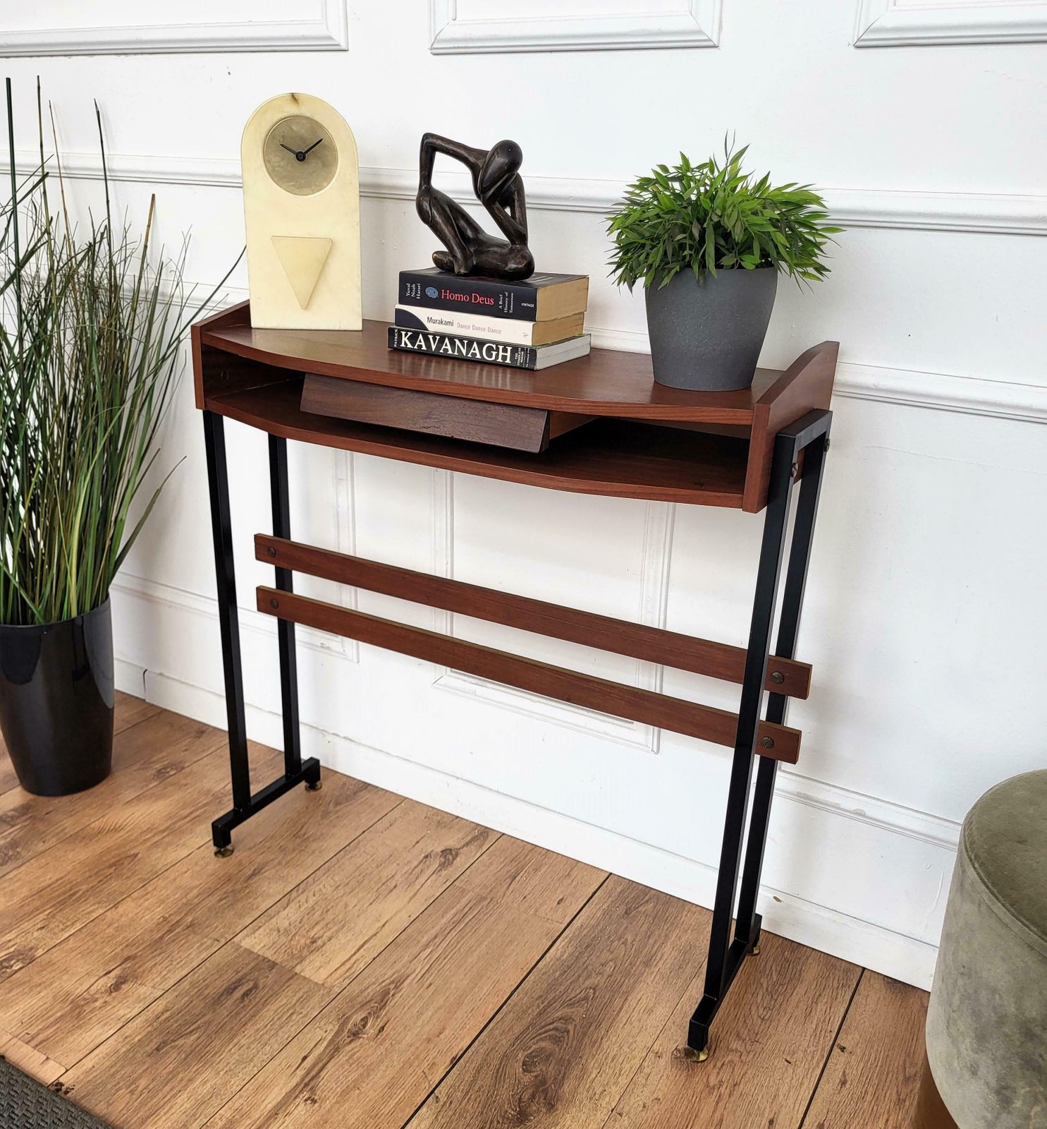 50s Mid Century Modern Italian Metal Base Brass Feet Teak Wood Console Table photo for sale
