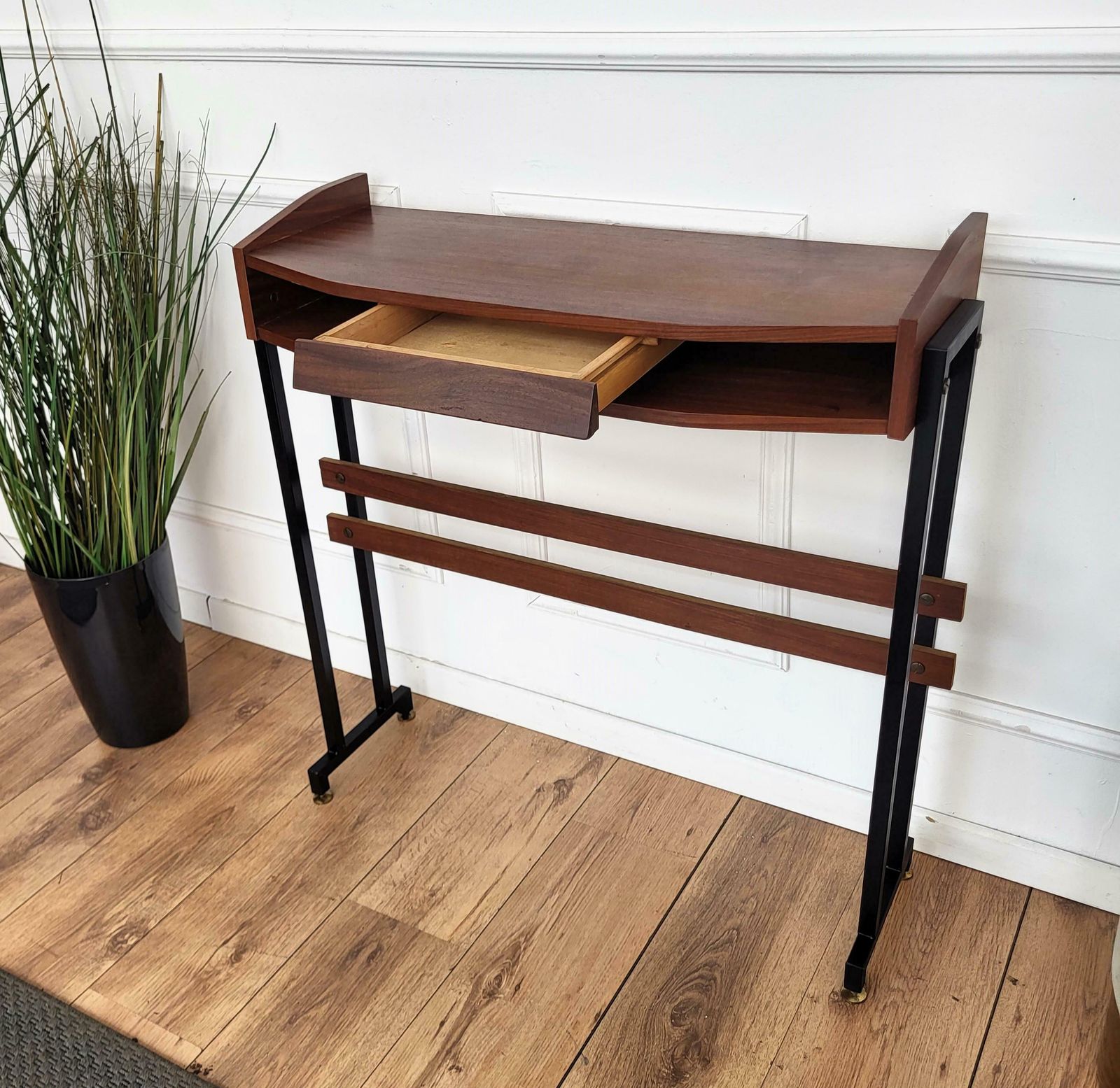 50s Mid Century Modern Italian Metal Base Brass Feet Teak Wood Console Table photo vinterior