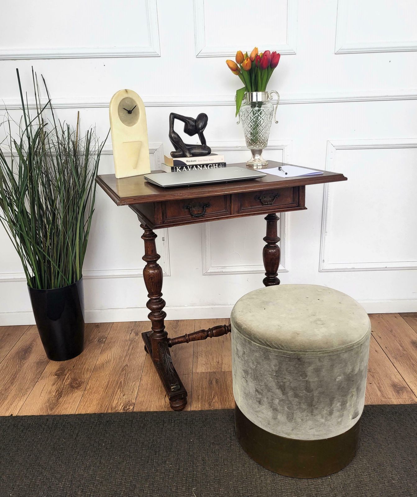 Antique French Side Table Writing Desk Oak Beveled Top Carved Decorated Legs photo furniture