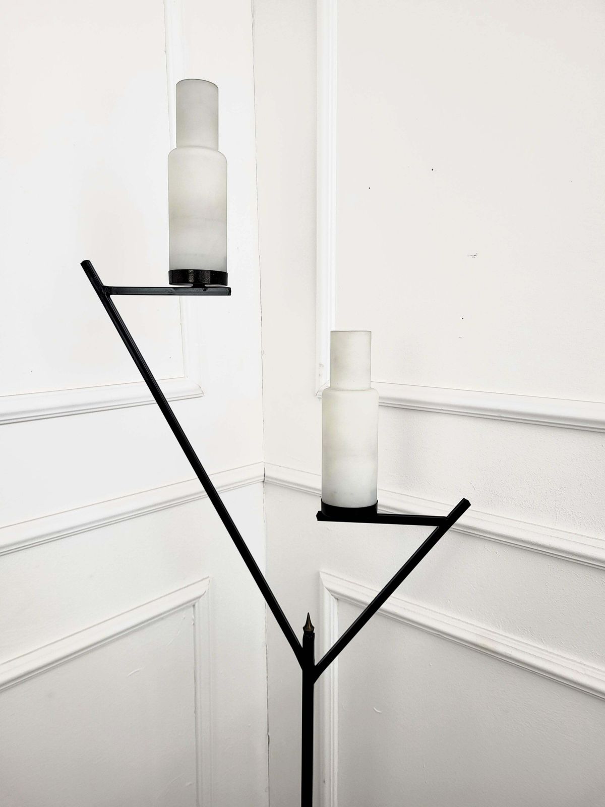 Italian Art Deco Mid Century Black Metal Gilt Brass Opaline Glass Floor Lamp photo Lighting