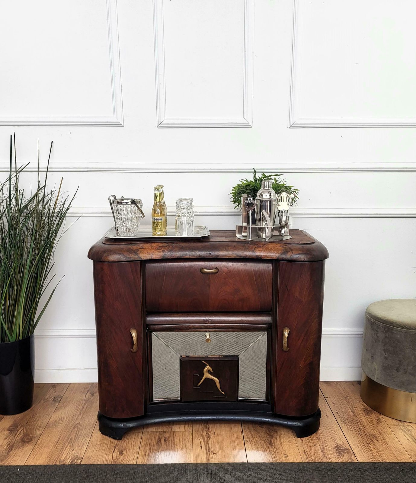Italian 1950s Art Deco Mid Century Walnut Burl And Mirror Mosaic Dry Bar Cabinet photo furniture