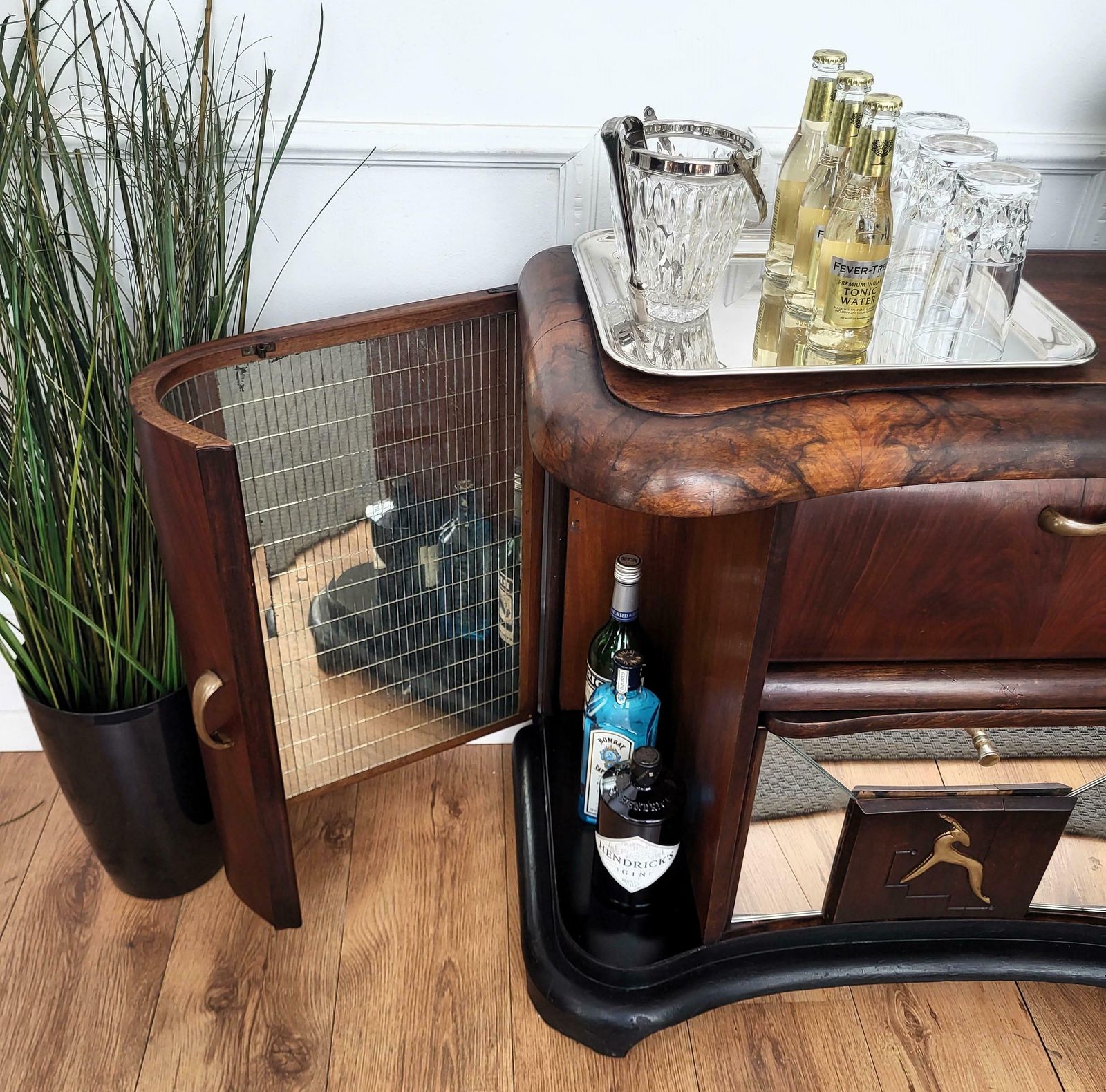 Italian 1950s Art Deco Mid Century Walnut Burl And Mirror Mosaic Dry Bar Cabinet photo 1980.0