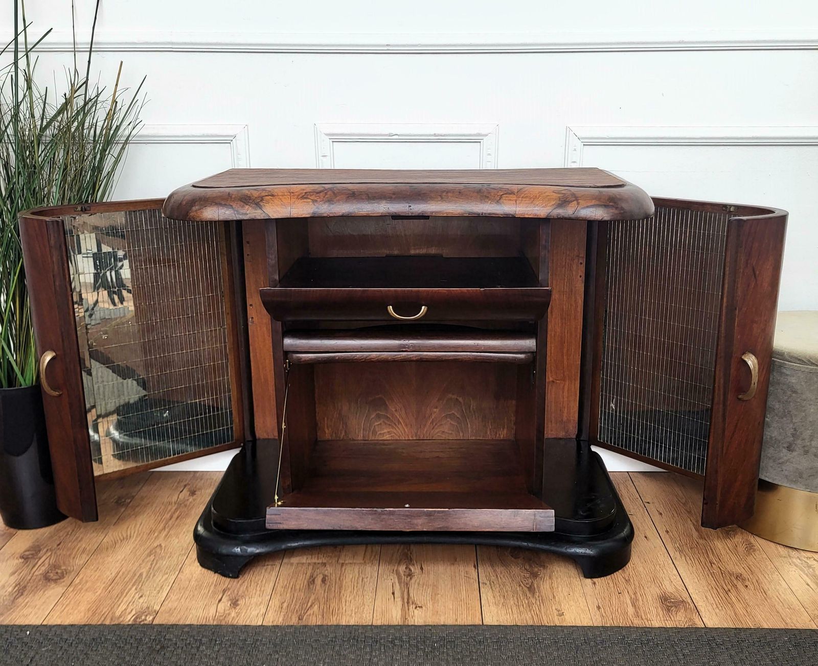 photo for sale Italian 1950s Art Deco Mid Century Walnut Burl And Mirror Mosaic Dry Bar Cabinet