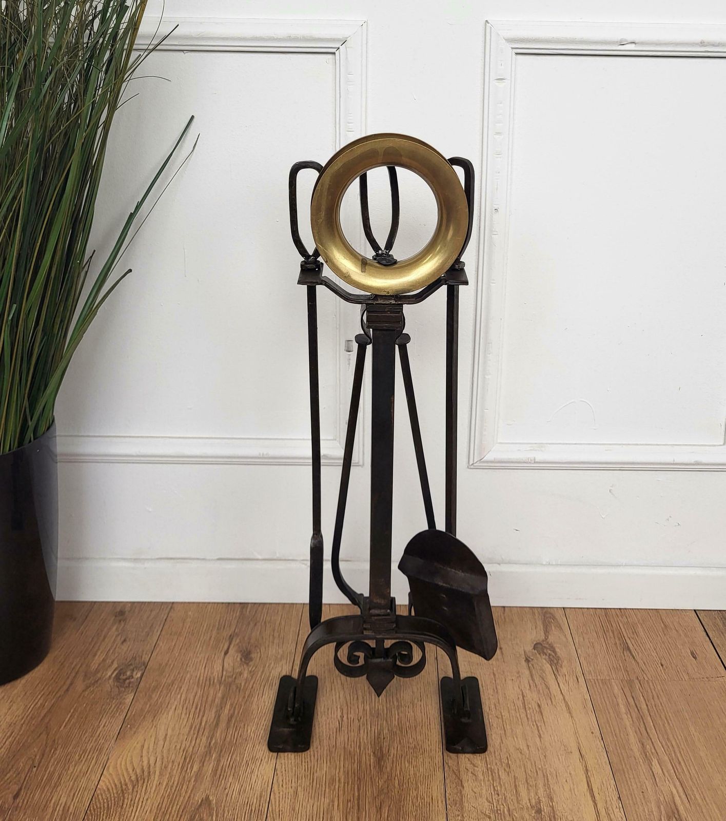Italian Three Piece Brass Vintage Fireplace Fire Tool Set With Stand photo furniture
