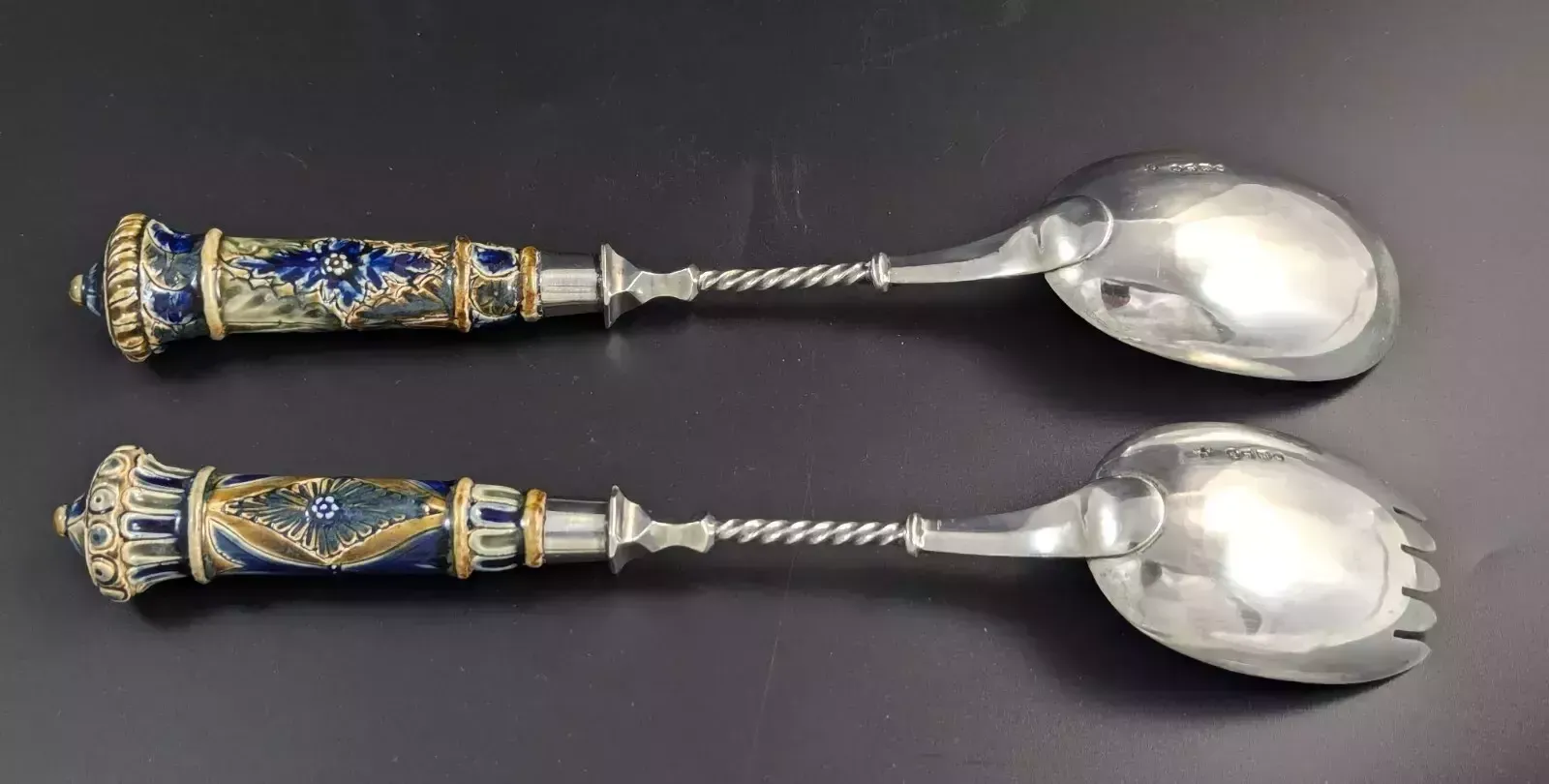 Home Decor Antique Set Of Doulton Lambeth Salad Bowl And Silver Servers, C. 1877   Rare photo