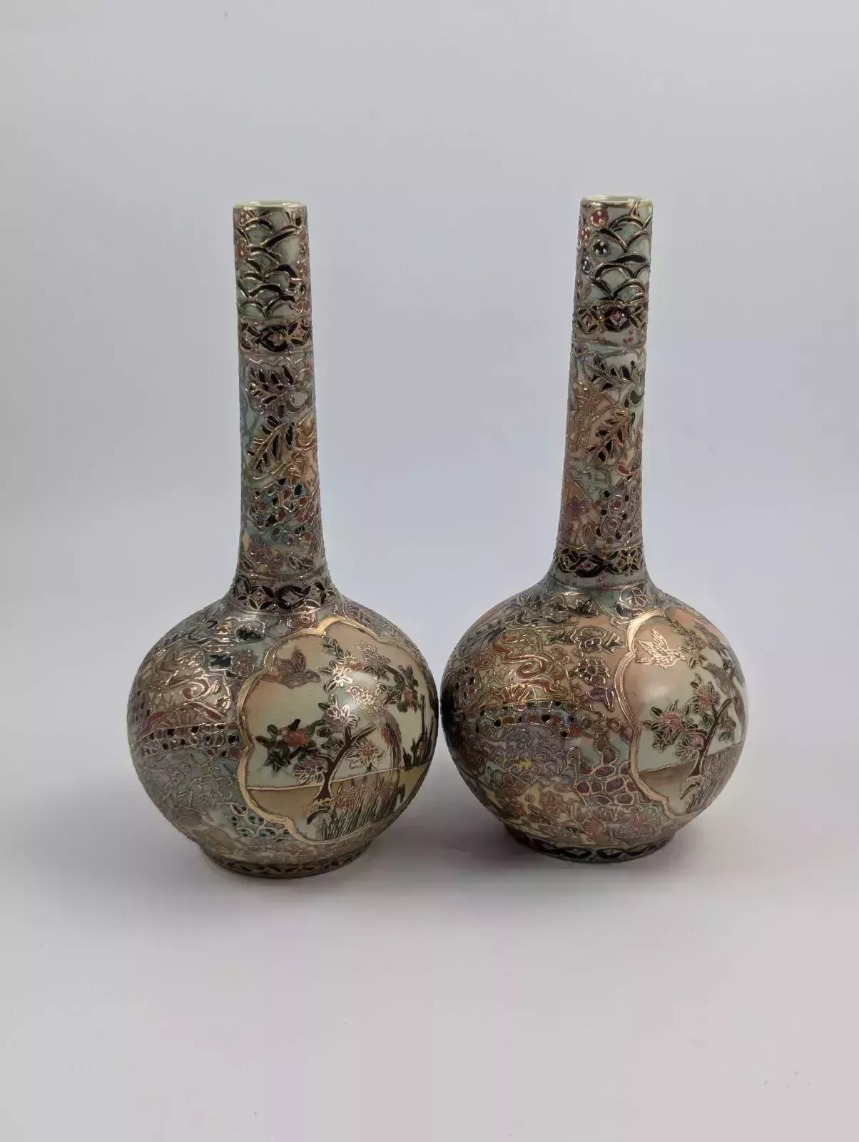 Antique Handpainted Bud Vases, Satsuma, Signed By Gyokushū, Meiji Period photo for sale