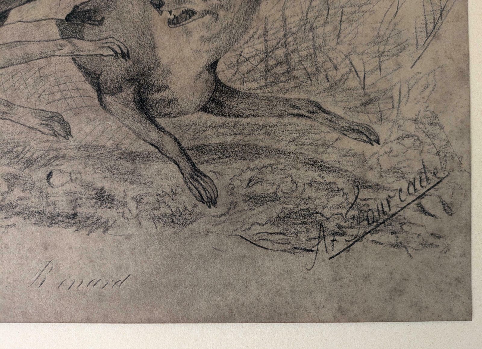 Antique French Fox And Dog Hunting Scene Pencil Drawing By Fourcade In Auch France 1880, Original Wall Art, Antique Art photo for sale