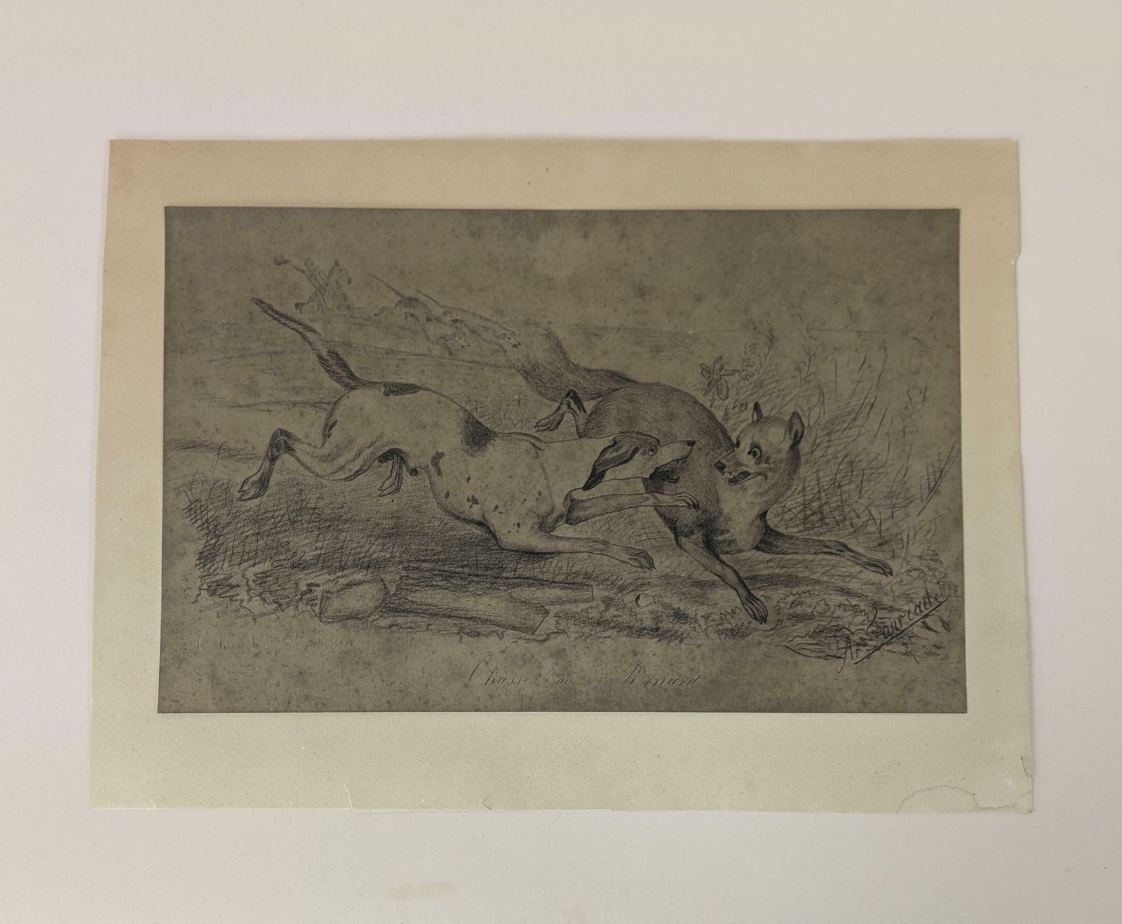 Antique French Fox And Dog Hunting Scene Pencil Drawing By Fourcade In Auch France 1880, Original Wall Art, Antique Art photo 158.0