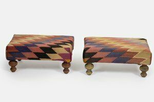 Small Turkish Kilim Ottomans With Wooden Legs, Set Of 2