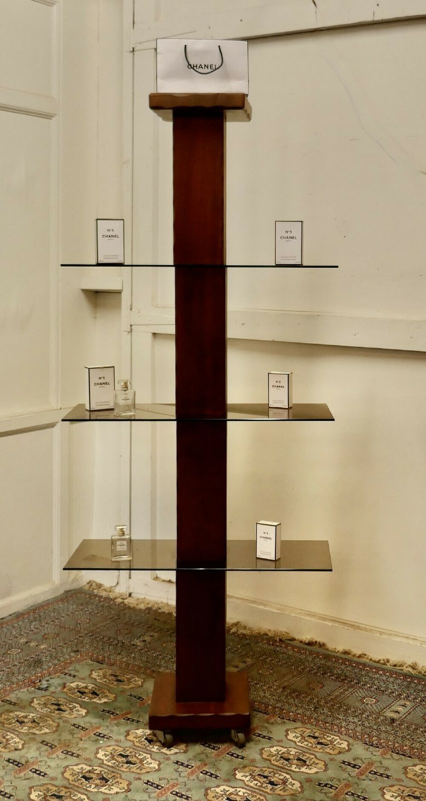 French Mid Century Modern Teak And Smoked Glass Etagère, Display Shelf photo furniture