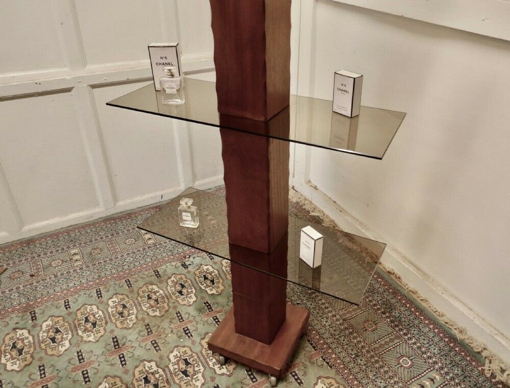French Mid Century Modern Teak And Smoked Glass Etagère, Display Shelf photo 1074.0