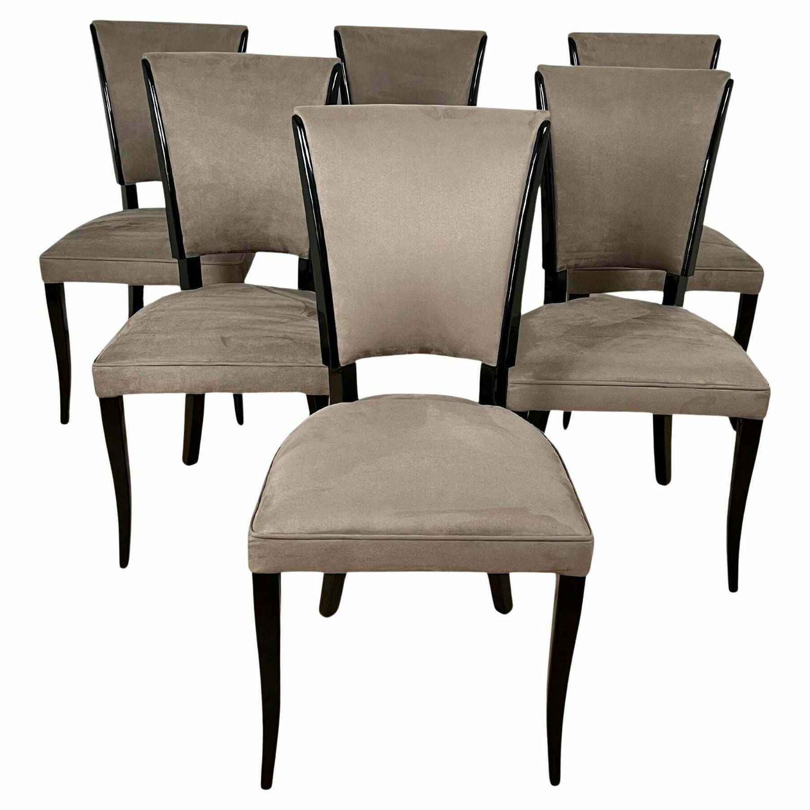 Set Of Six Art Deco Chairs, Black Lacquer, Grey Alcantara, France Circa 1930