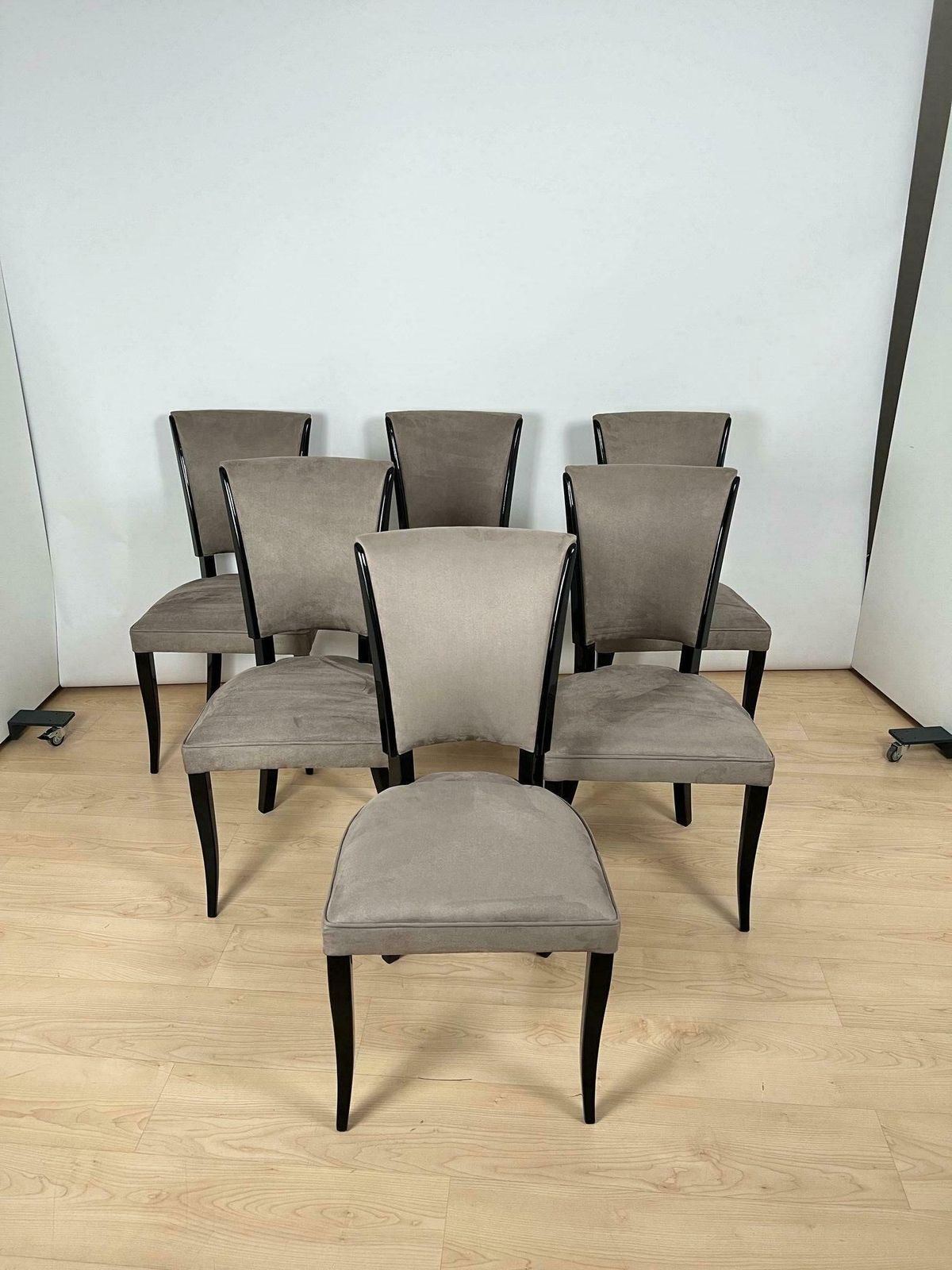 Set Of Six Art Deco Chairs, Black Lacquer, Grey Alcantara, France Circa 1930 photo 8747.6