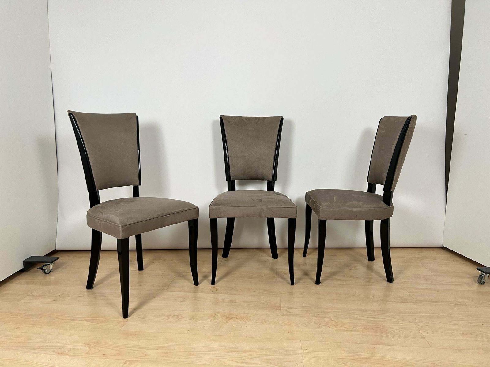Set Of Six Art Deco Chairs, Black Lacquer, Grey Alcantara, France Circa 1930 photo vintage