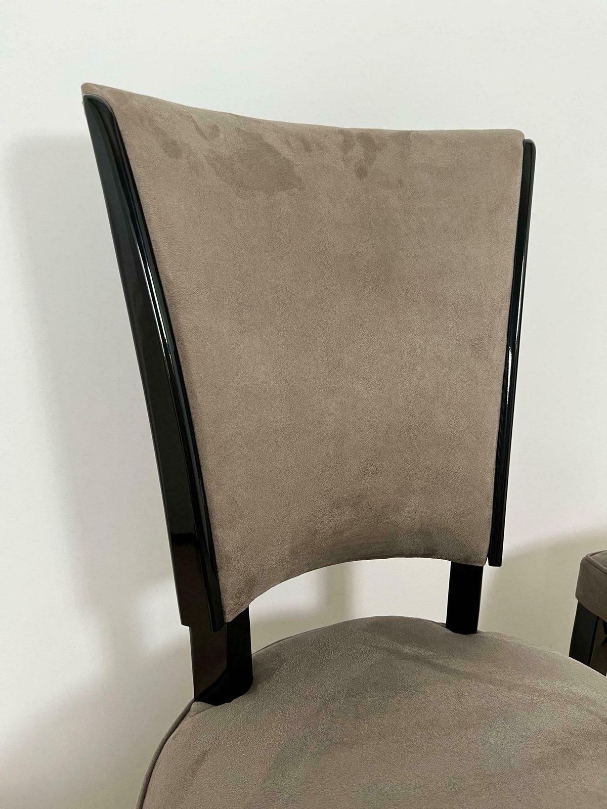 photo furniture Set Of Six Art Deco Chairs, Black Lacquer, Grey Alcantara, France Circa 1930
