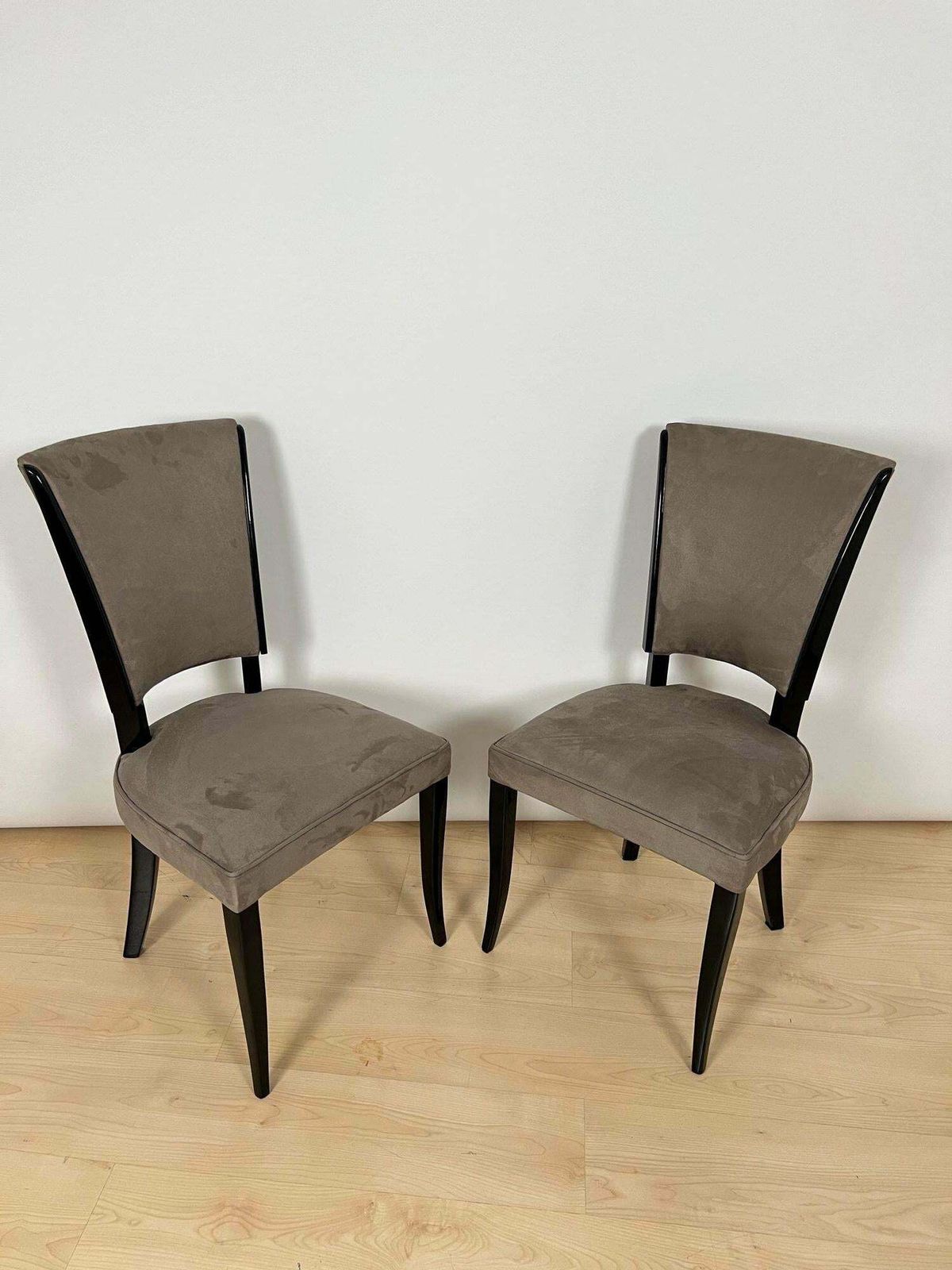 Furniture Set Of Six Art Deco Chairs, Black Lacquer, Grey Alcantara, France Circa 1930 photo